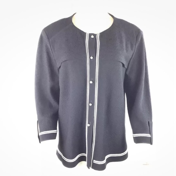 Misook Sz L Silver Button Cardigan Black White Acrylic Polyester Sailor Look - Picture 2 of 7